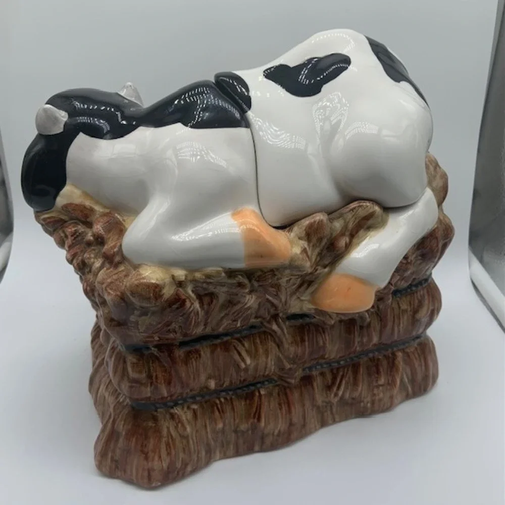 Vintage CKAO Cow Cookie Jar Ceramic Black White Farmhouse Country Kitchen Decor